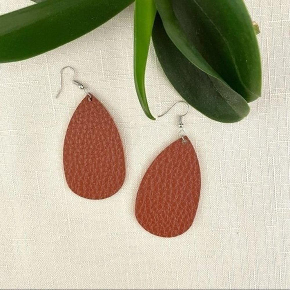 2/$10 Penny Brown Faux Leather Lightweight Teardrop Earrings New
